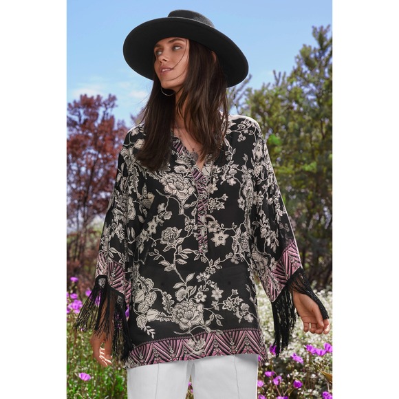 Johnny Was Tops - Johnny Was Edina Fringe Blouse Black Floral Silk Boho V-Neck Top XS W18423-E